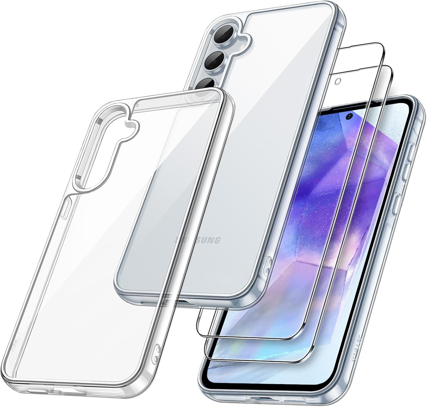 Jetech 3 in 1 Case for Samsung Galaxy A55 5G, with 2-Pack Screen Protector, Tempered Glass Film, Shockproof Bumper Phone Protective Cover Clear Back (Clear)