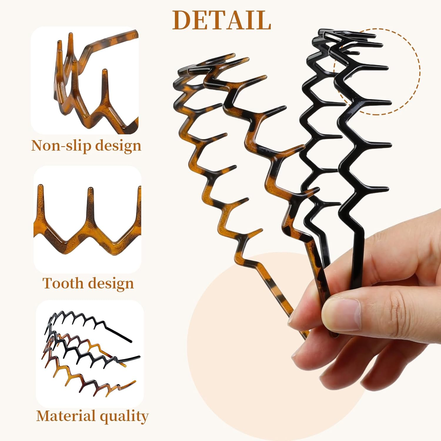TELAIN Pack of 4 Zigzag Headbands for Women, Teenage Girls and Men - Thin Plastic Hair Bands with Teeth, Non-Slip Black Comb Hair Bands