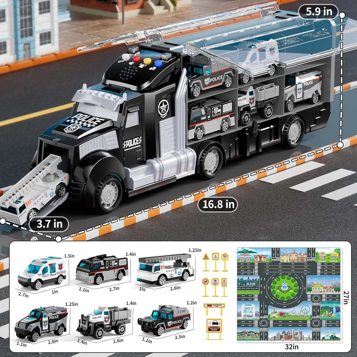 Police Trucks Toy Set with Play Mat, Carrier Truck Play Vehicles Set for 3 4 5 6 Years Old Boys Kids, Die-Cast Car Toy for Toddlers 3-4 Years, Birthday Gifts Toys for 3-9 Year Old Boys image number 2