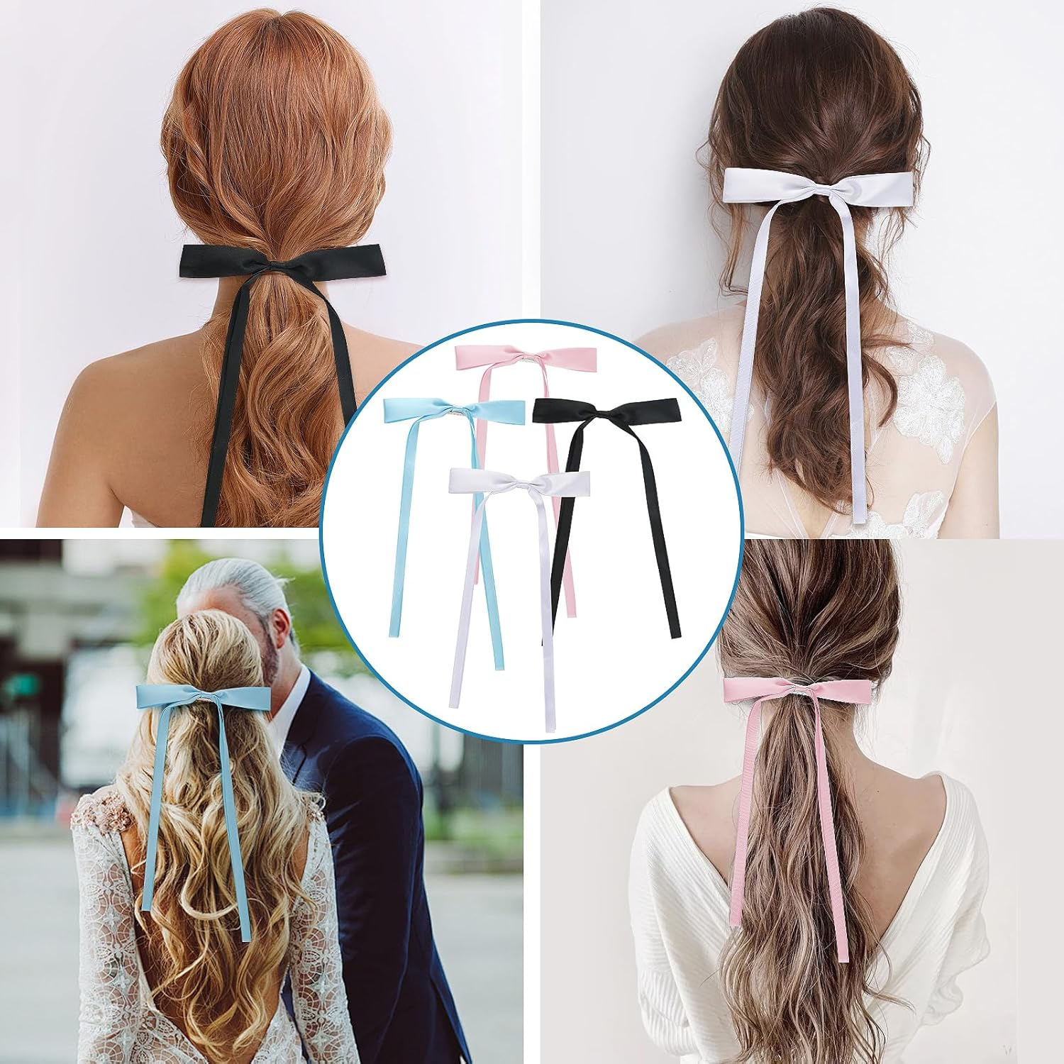 8 Pieces Hair Clip Bow Silky Satin Hair Bows with Long Tail Hair Accessory Women Hair Bow Clip for Hair Decoration Black Pink Blue White image number 1