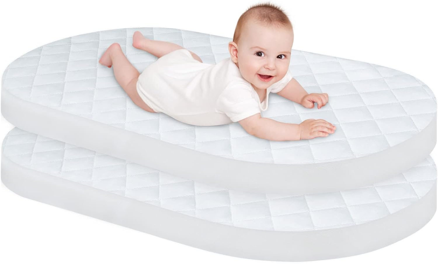 Bassinet Mattress Pad Cover 2 Pack Quilted Bassinet Mattress Protector Waterproof Bassinet Sheets (32"X17") for Boys & Girls, Fit for Hourglass/Oval Bassinet Mattress, White