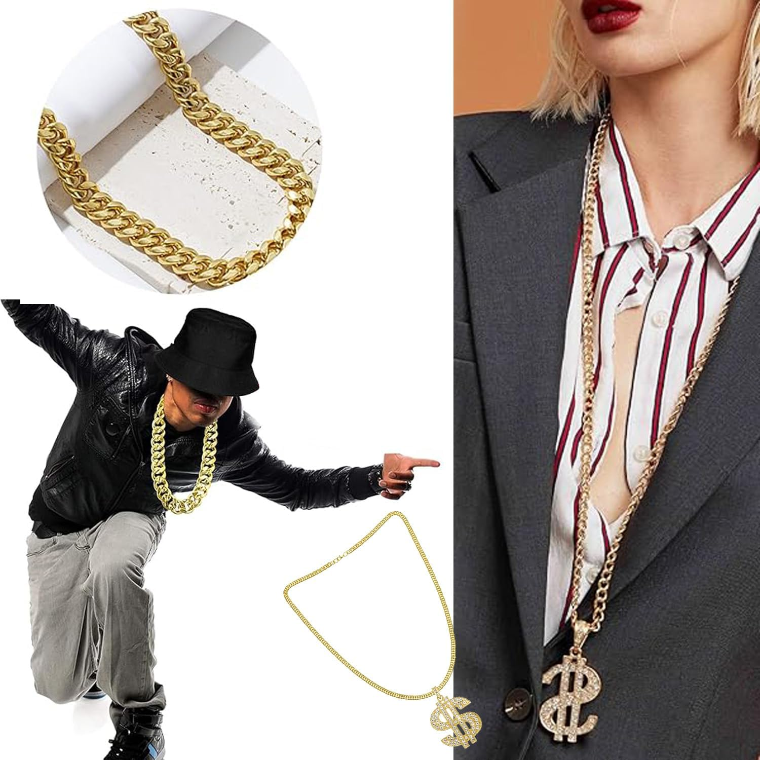 6 Pcs Hip Hop Costume Outfit Jewelry Set, 80S 90S Halloween Pyhot Hip Hop Costume Hip Hop Theme Outfit Costumes Rapper Accessories for Men Women image number 2