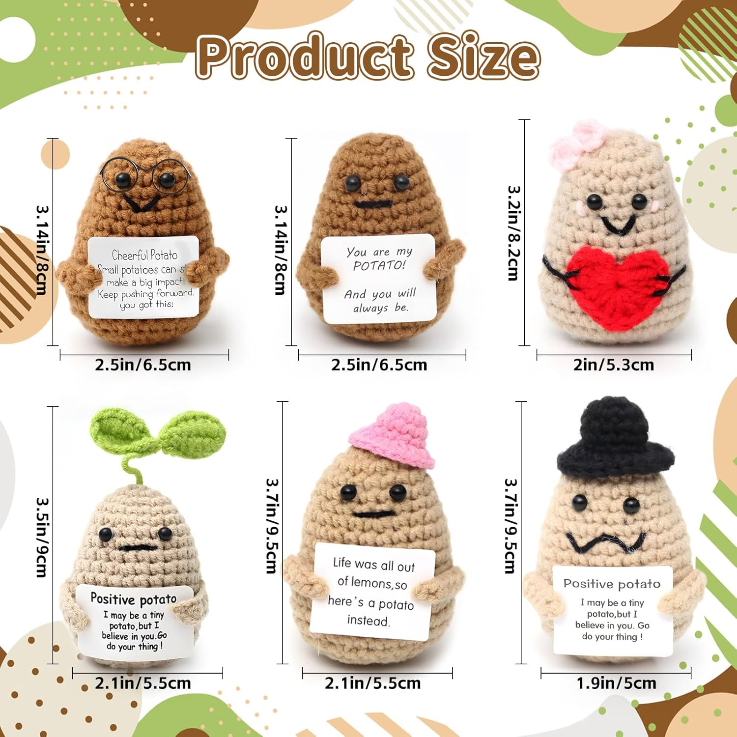 ZCOINS 6 Pcs Crochet Emotional Support Positive Potato for Women, Small Plush Novelty Funny Emotional Support Potato Pickle Toys with Positive Note for Desk Home Decor Birthday Valentines Gift image number 5