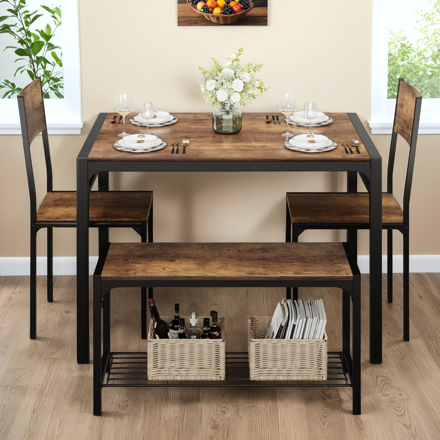 Furmax Dining Table Set for 4, Modern Kitchen Table Bench and Chairs Rectangular Dining Room Table Set with Storage Bench for Small Space, Apartment, Restaurant (Rustic Oak) image number 6