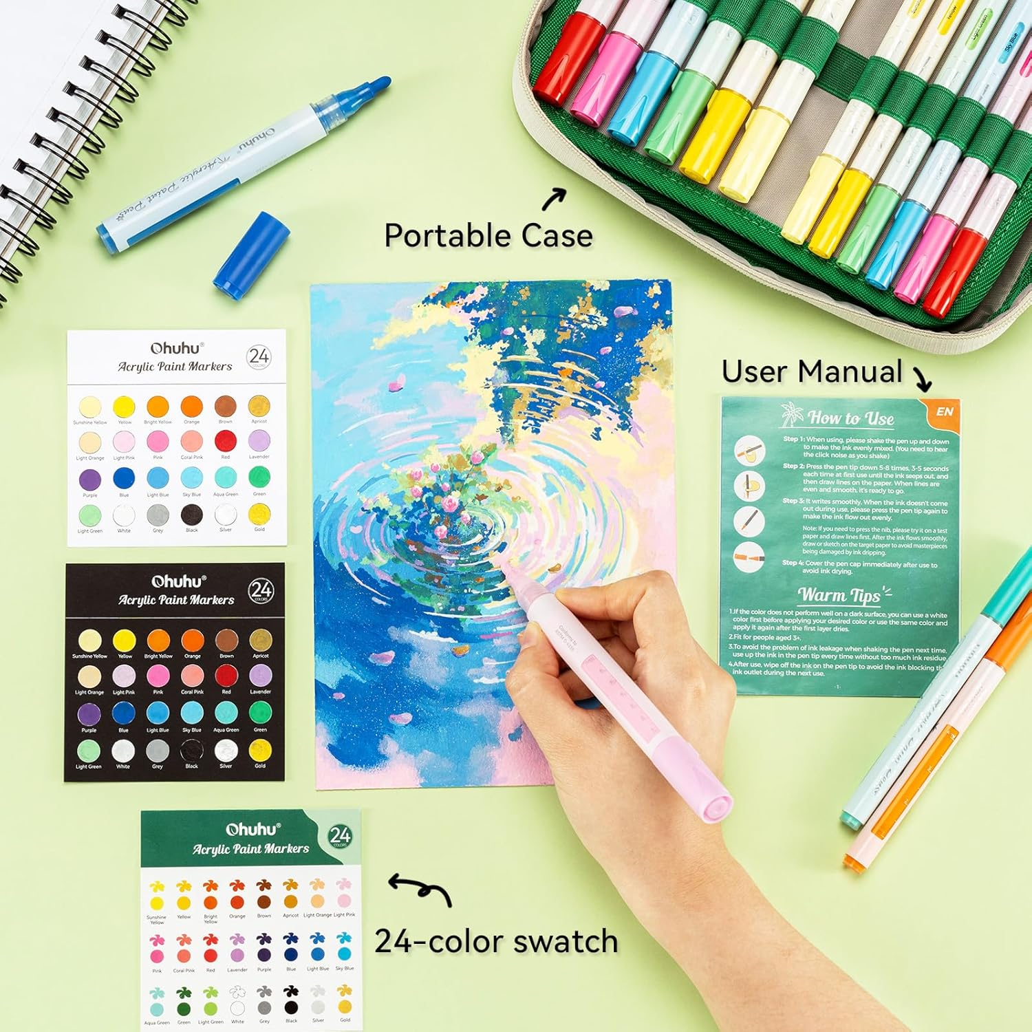 Ohuhu Acrylic Paint Markers: 48 Paint Pens 24 Colours Marker Set with Fine & Reversible Tips, Waterproof Paint Pens for Rock, Wood, Glass, Plastic, Ceramic, Canvas, Art Supplies, Age 3+ image number 1