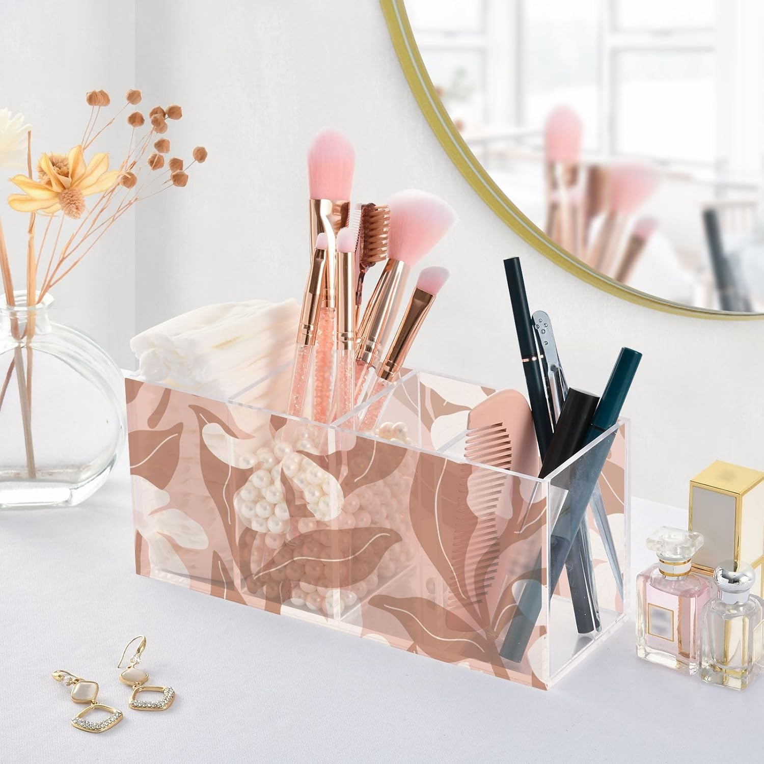 Guoche Acrylic Pen Holder Happy Thanksgiving Autumn Flowers 4 Compartments Clear Plastic Make up Brush Holder Organizer for Bedroom Accessory Art Supply Storage Organizer image number 1