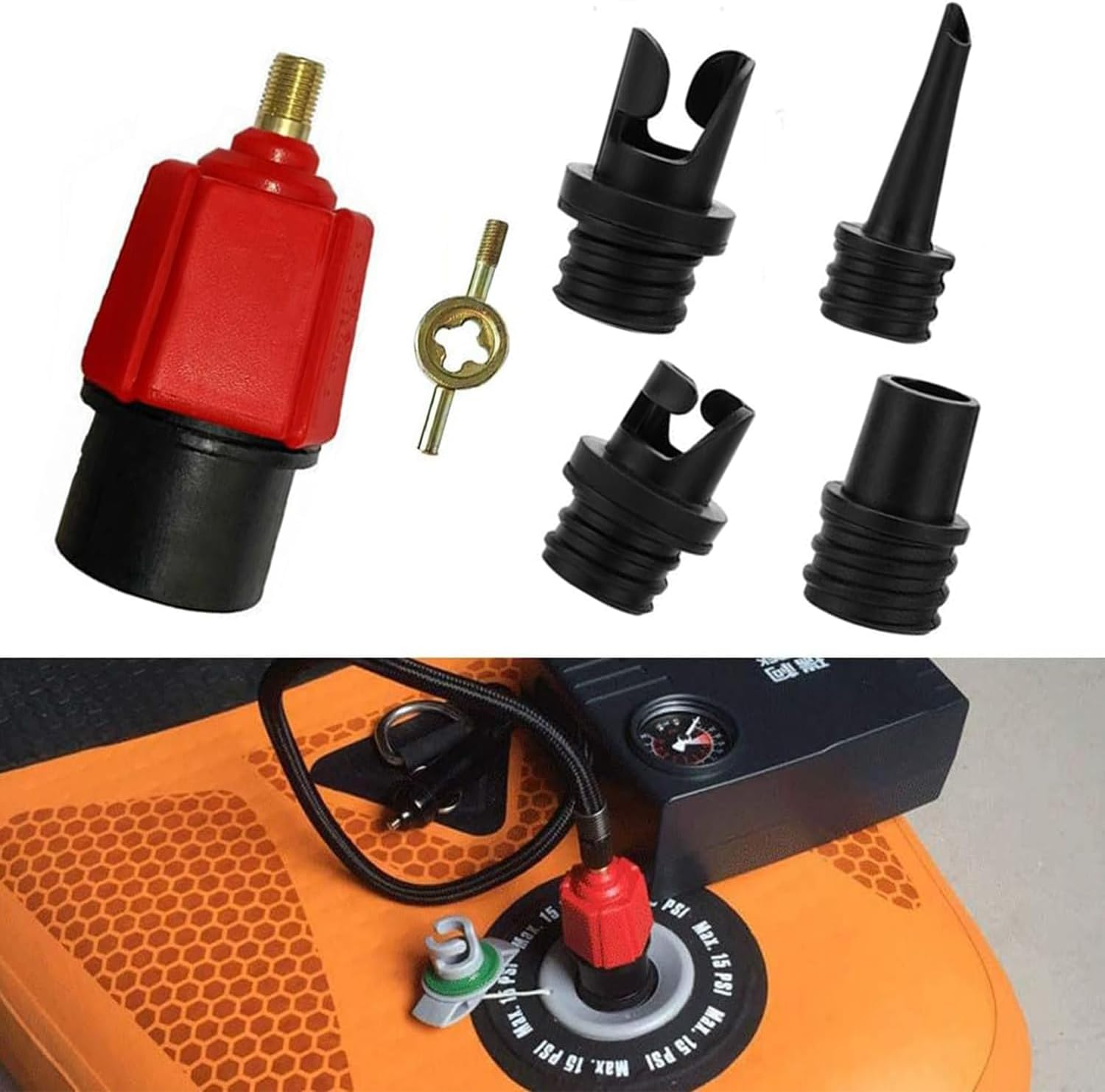 Lyfengdeam Inflatable SUP Pump Adaptor Compressor Paddle Board Pump Adapter, Multifunction SUP Valve Adapter with 4 Air Valve Nozzles for Inflatable Boat, Stand up Paddle Board, Inflatable Bed