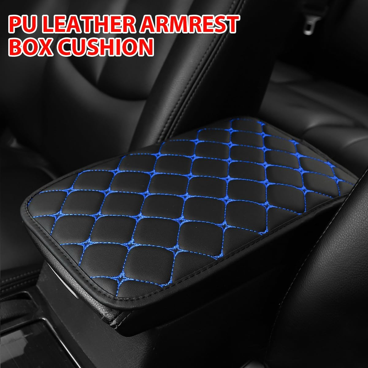 HZEL Car Center Console Cushion Pad, PU Leather Vehicle Armrest Protection Cover, Waterproof Automotive Interior Arm Rest Seat Box Mat Accessories, Universal for SUV, Sedan, Truck (Black/Blue) image number 4