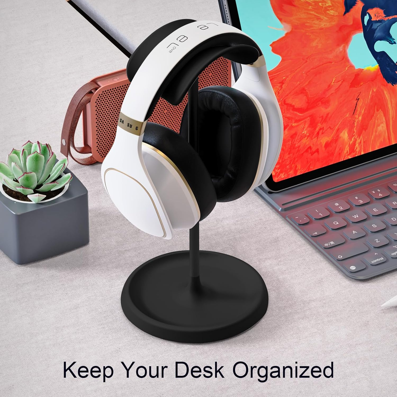 Headphone Stand, Curved Headset Stand with Storage Tray, Desk Earphone Stand, Gaming Headset Holder Accessories for Airpods Max, Beats, Bose, Sennheiser, Sony and Ect.(Black) image number 1