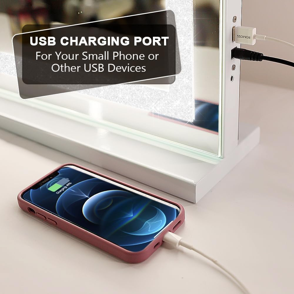 FENCHILIN Vanity Mirror Crystal Crushed Diamond 31.5" X 22.8" Makeup Mirror with Bluetooth Speaker Large Hollywood Mirror with Dimmable LED Light Strip USB Charge Port 3 Color Modes White image number 6