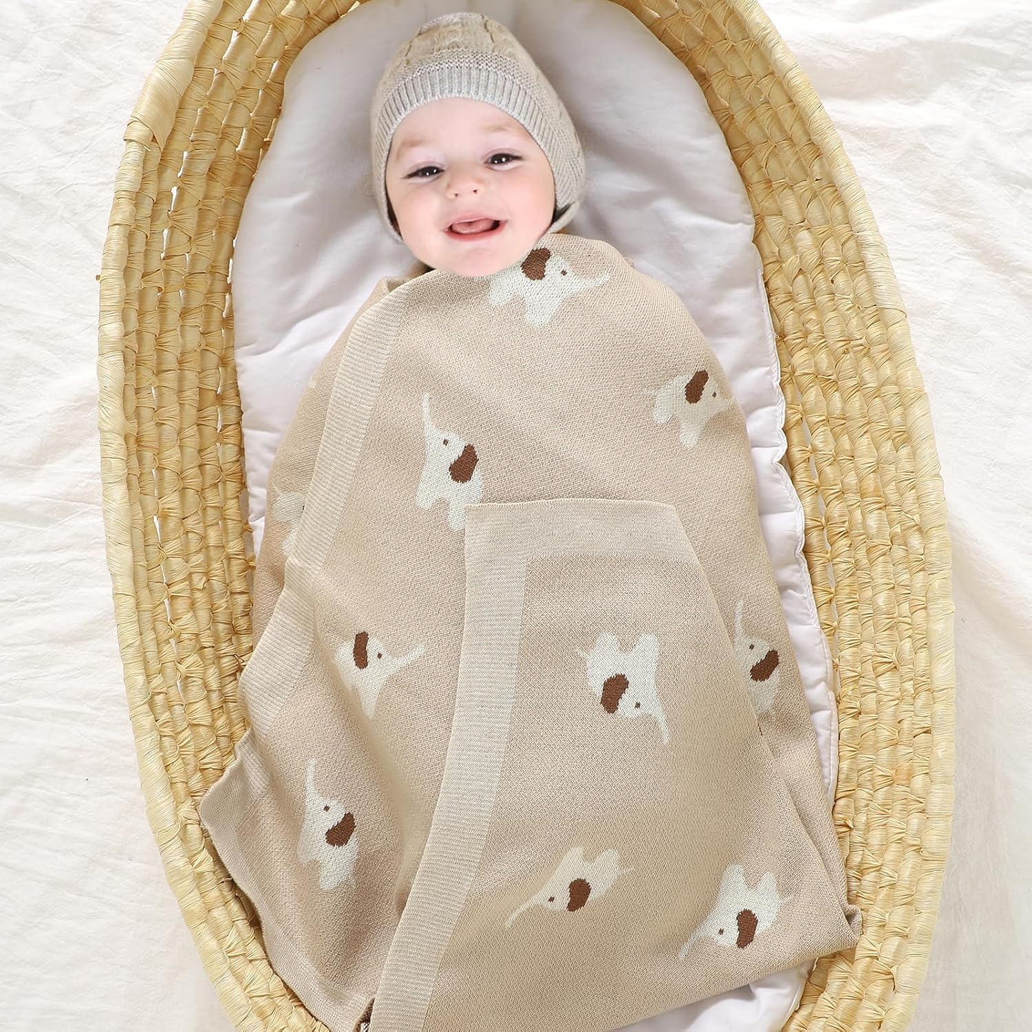 Hadetoto 100% Cotton Baby Blanket Knit Soft Cozy Swaddle Receiving Blankets Toddler Infant Blanket with Lovely Elephant for Newborn Boy Girls - Camel, 90 X 70Cm image number 5