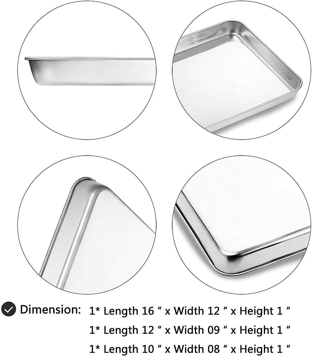 Stainless Steel Bakeware Oven Tray, 16 Inch Commercial Grade Professional Bakeware, Healthy & Non-Toxic, Mirror Finish & Rustproof, Easy Clean & Dishwasher Safe, 3 Piece Set 10/12/16 Inch - Brown image number 2
