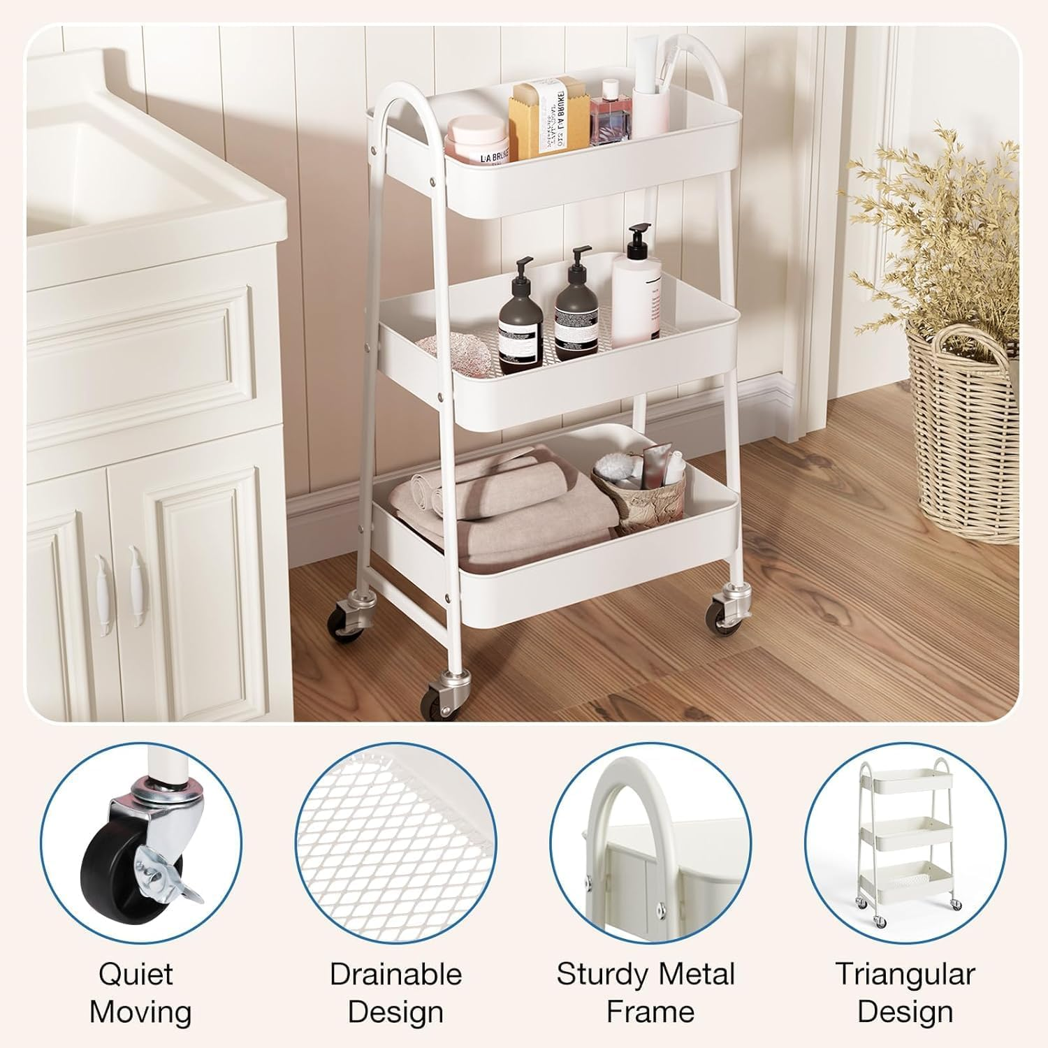 3-Tier Metal Rolling Cart with Lockable Caster Wheels - Lightweight Sturdy Utility Storage Organizer for Kitchen, Office, Bathroom, Narrow Places image number 6