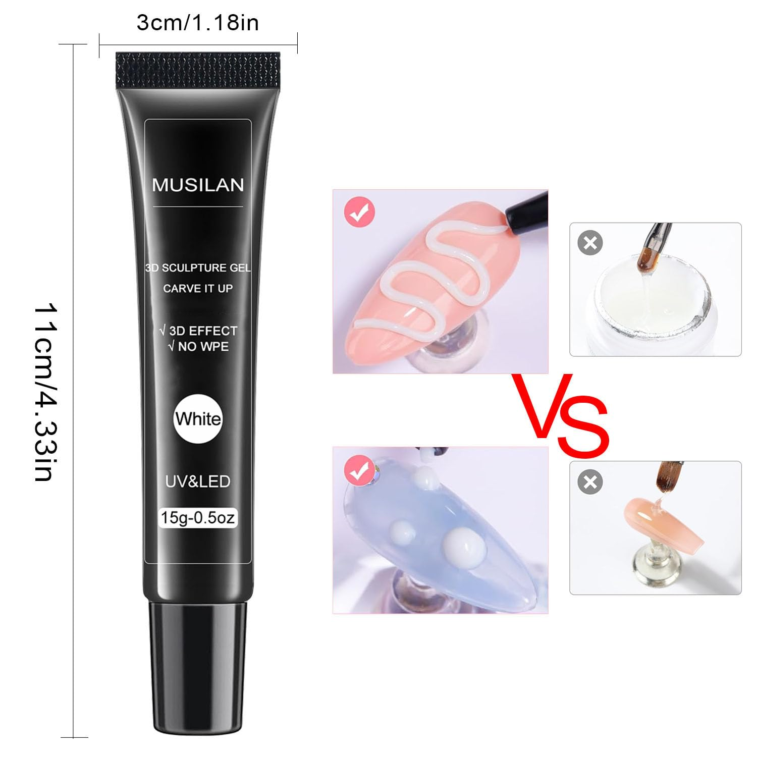 MUSILAN 3D Nail Art Sculpting Gel Glue for Nails Tips,Molding, Drawing, Nail Charms & Gems, Chrome Powder and Rhinestone Design No Wipe,Uv Curing Needed Salon & DIY Use (White Sculpting Gel) image number 5