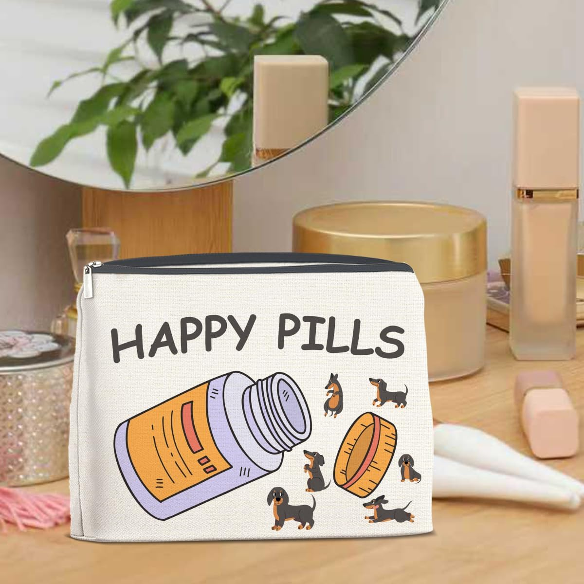 Lyogao Medicine Makeup Bag Gift for Dog Lover Dachshund Happy Pills Cosmetic Bag, Nurse Practitioner Gifts for Pharmacist RX Pharmacy Technician Vet Tech Veterinarian