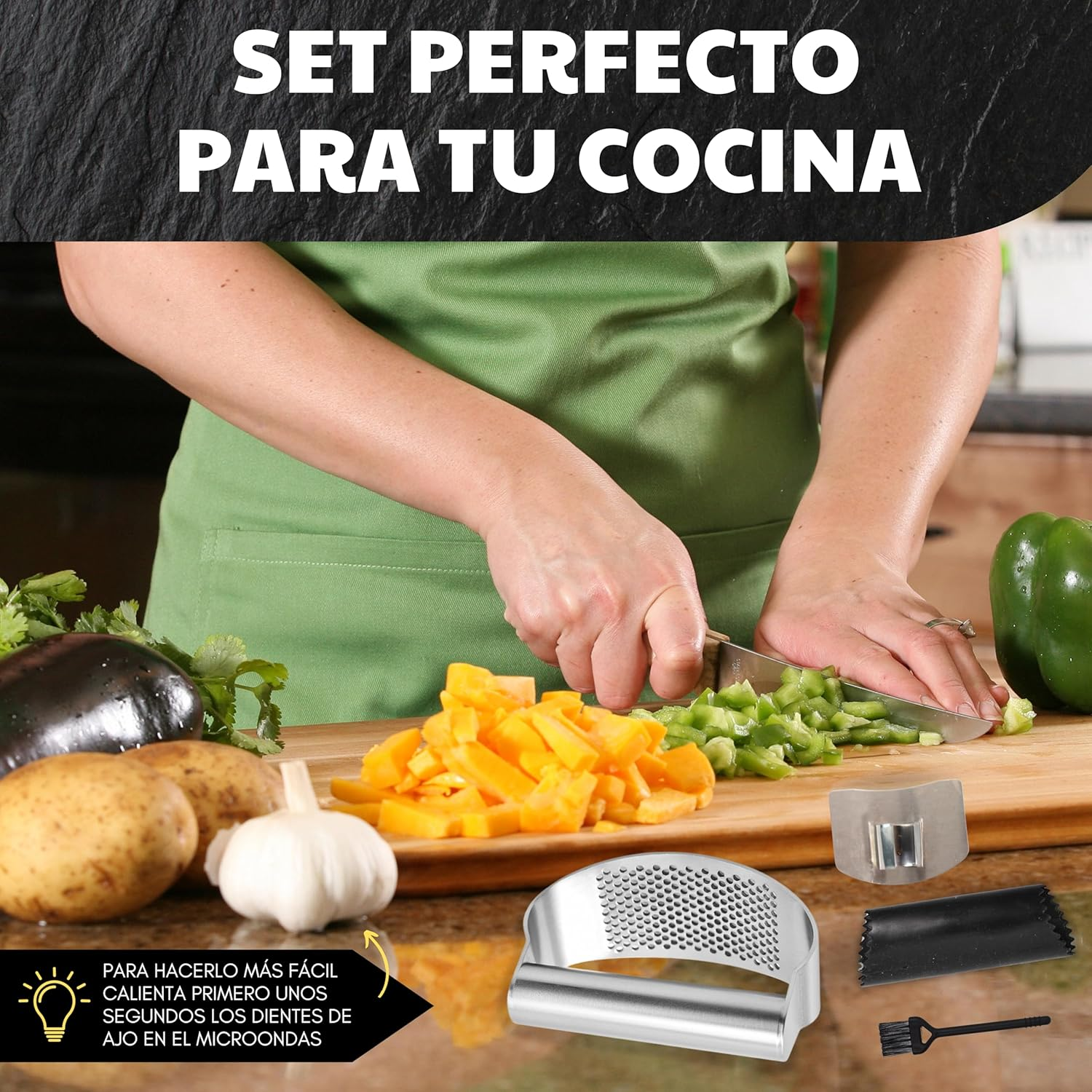 Garlic Press Stainless Steel Garlic Mincer Gifts: Silicone Garlic Peeler, Finger Cut Protector and Cleaning Brush image number 6