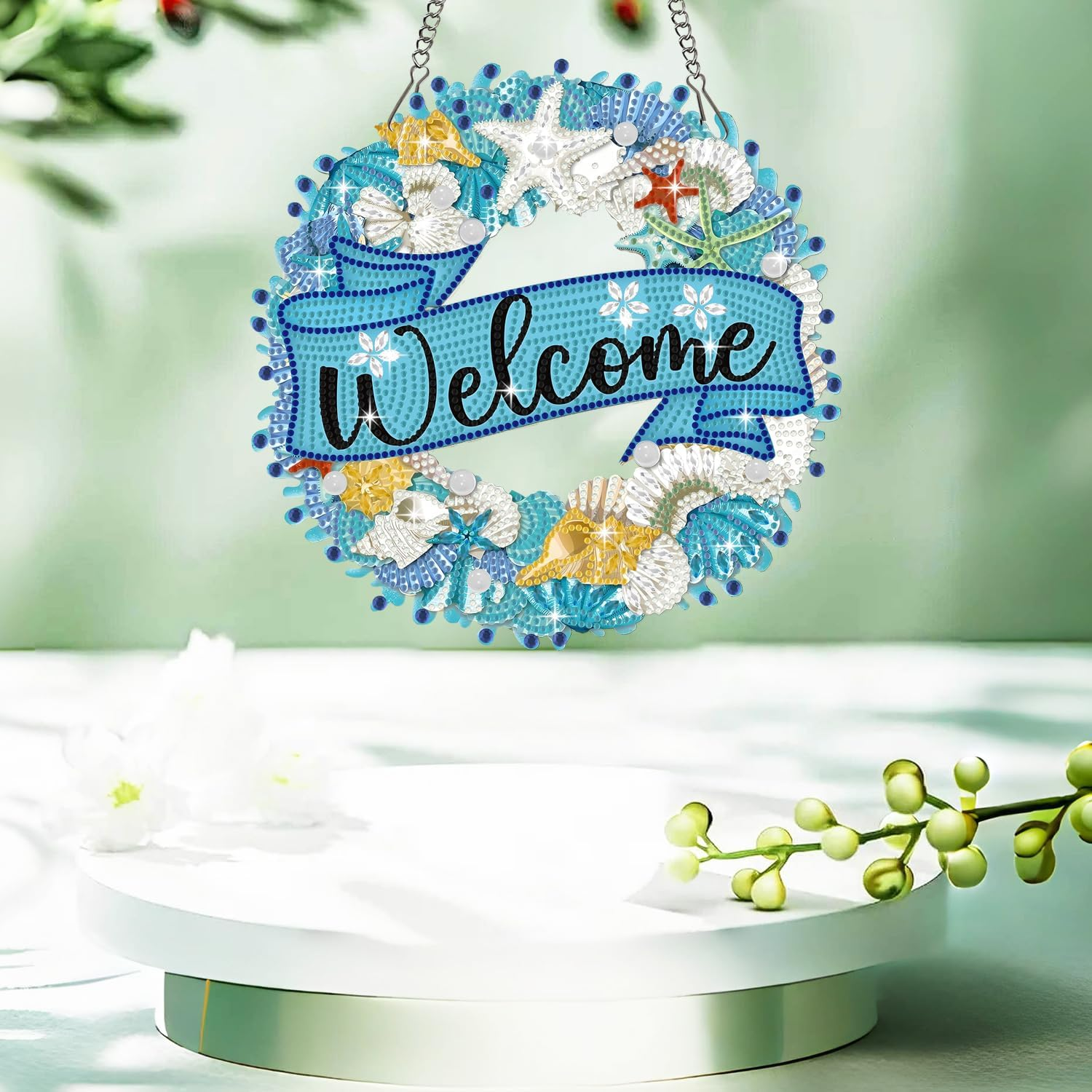 Muzagroo Art Welcome Sign Diamond Art Kits for Adults, 5D Diamond Hanging Ornament Kits for Front Door, DIY Special Shaped Diamond Dot Kits, Home Porch Crystal Hanging Pendant Ornament (Welcome) image number 1