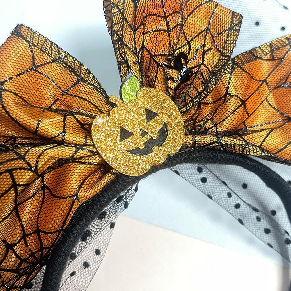 Happy Halloween Headband Pumpkin Bow Hair Accessories for Woman Halloween Party Headbands Decor Cute Pumpkin Mesh Design Headwear Hair Hoop for Fall Hair Decorations image number 2