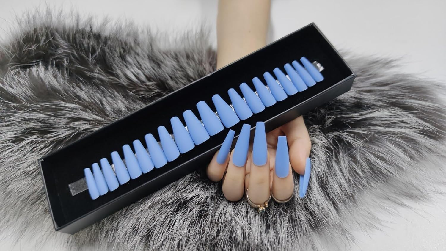 Press on Nails Fake Long Coffin Nail Tips Blue Matte 20 Pcs