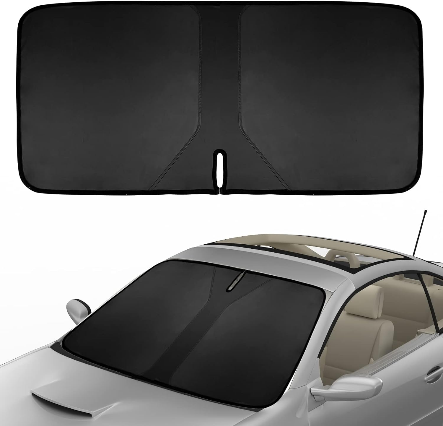 Car Windscreen Sun Shade - Double Layer Front Windshield UV Protector, Foldable Seamless Sunshade Cover for Van or Auto, 140 X 70Cm (Black)