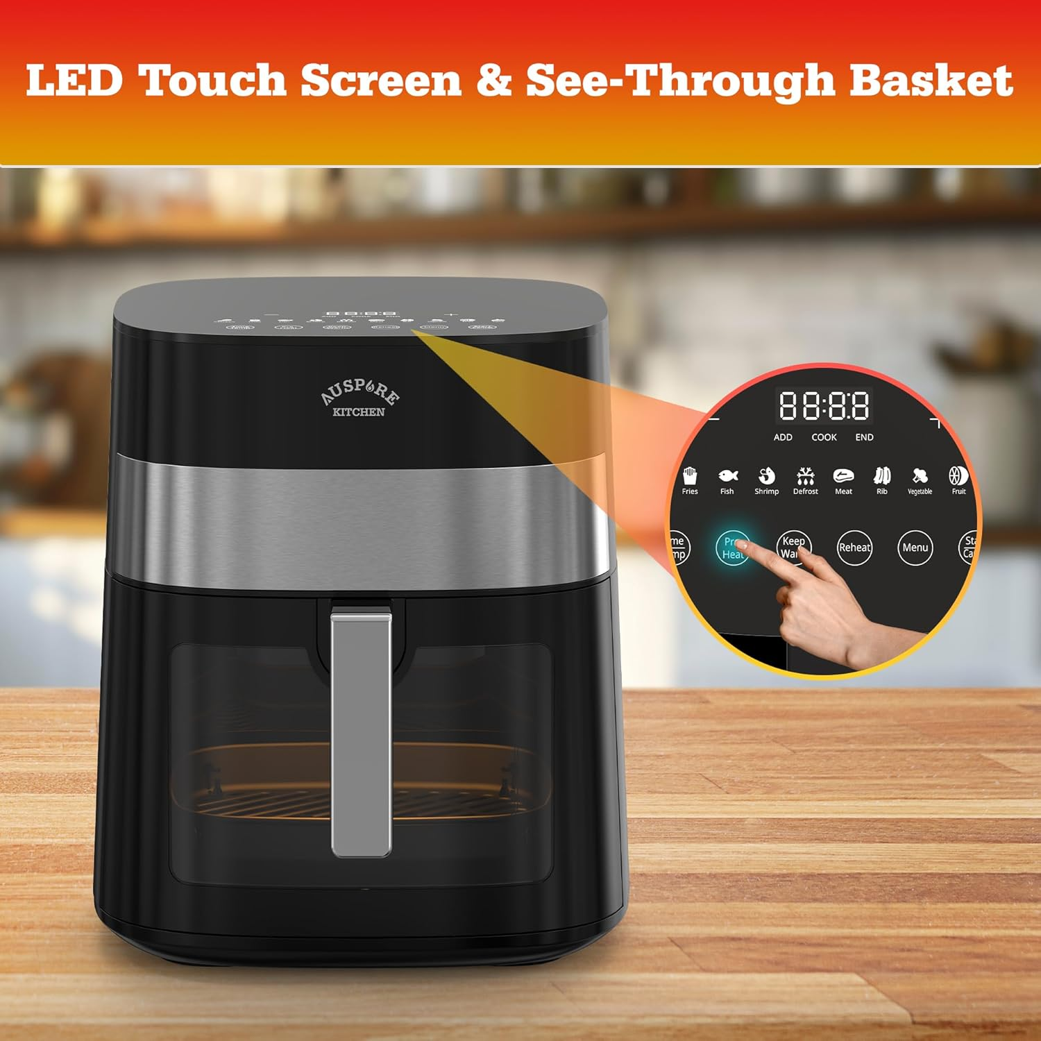 AUSPURE Air Fryer 7L Premium Digital, X Cyclone Technology with 10 Cooking Functions, Touch Screen Display, Bake, Timer, Preheat, Keep Warm, Auto Shutoff and See-Through Basket, Black image number 5