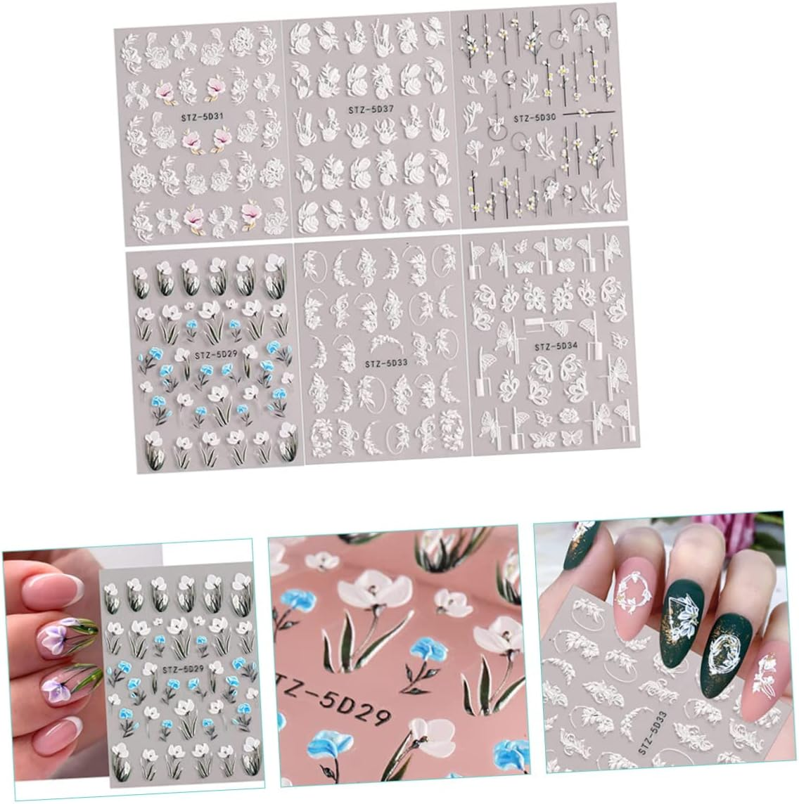 KALLORY 24Sheets Floral Nail Stickers Decals Embossed Nail Art Stickers for Women Girls DIY image number 2