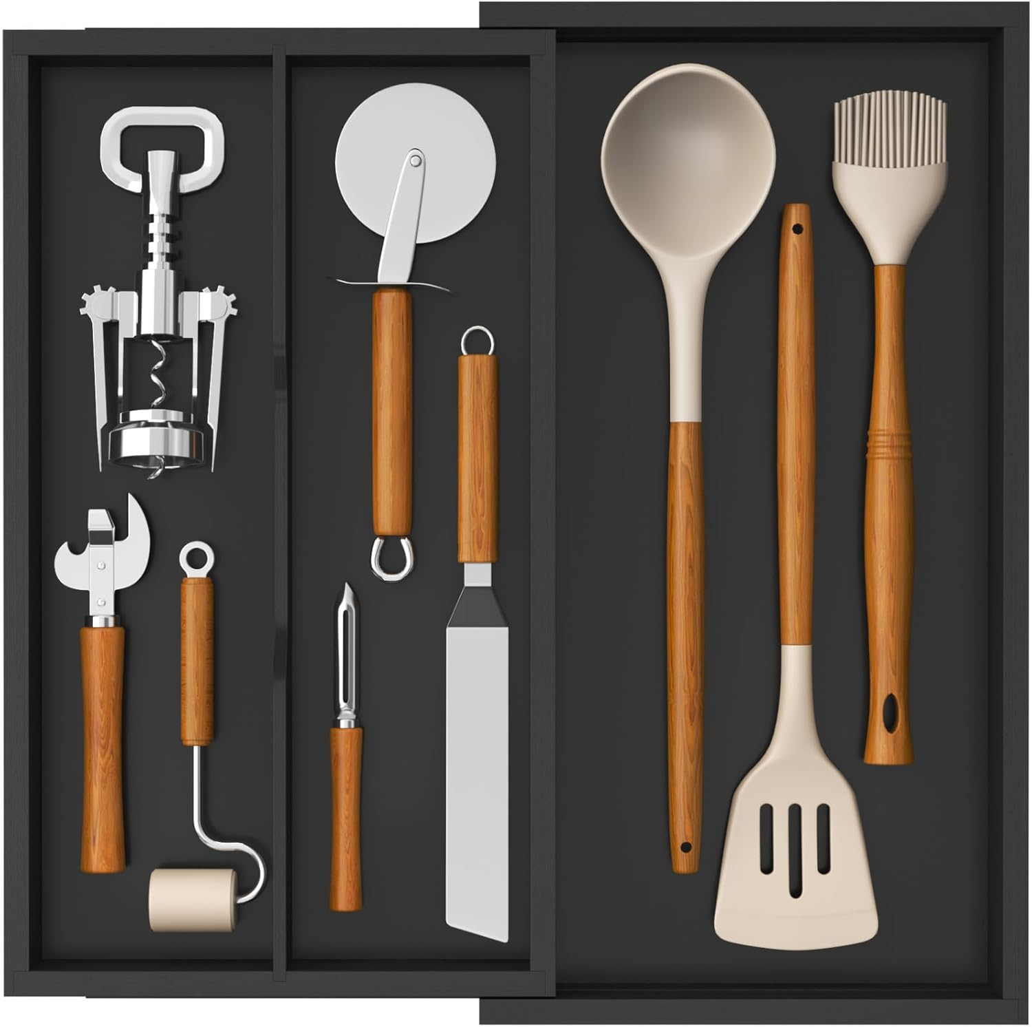 Lifewit Utensil Drawer Organizer, Expendable Cooking Silverware Tray for Kitchen Drawer, Bamboo Adjustable Cutlery Flatware Holder, Spatula Tools and Gadgets Storage Divider, 4 Compartments, Natural