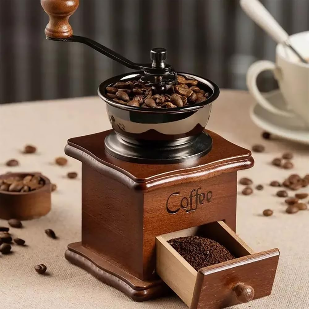 Manual Coffee Grinder &ndash; Vintage Wooden Hand Coffee Mill with Ceramic Burr, Adjustable Grinding Settings, Classic Hand Crank Coffee Bean Grinder for Home, Travel, and Decoration image number 2