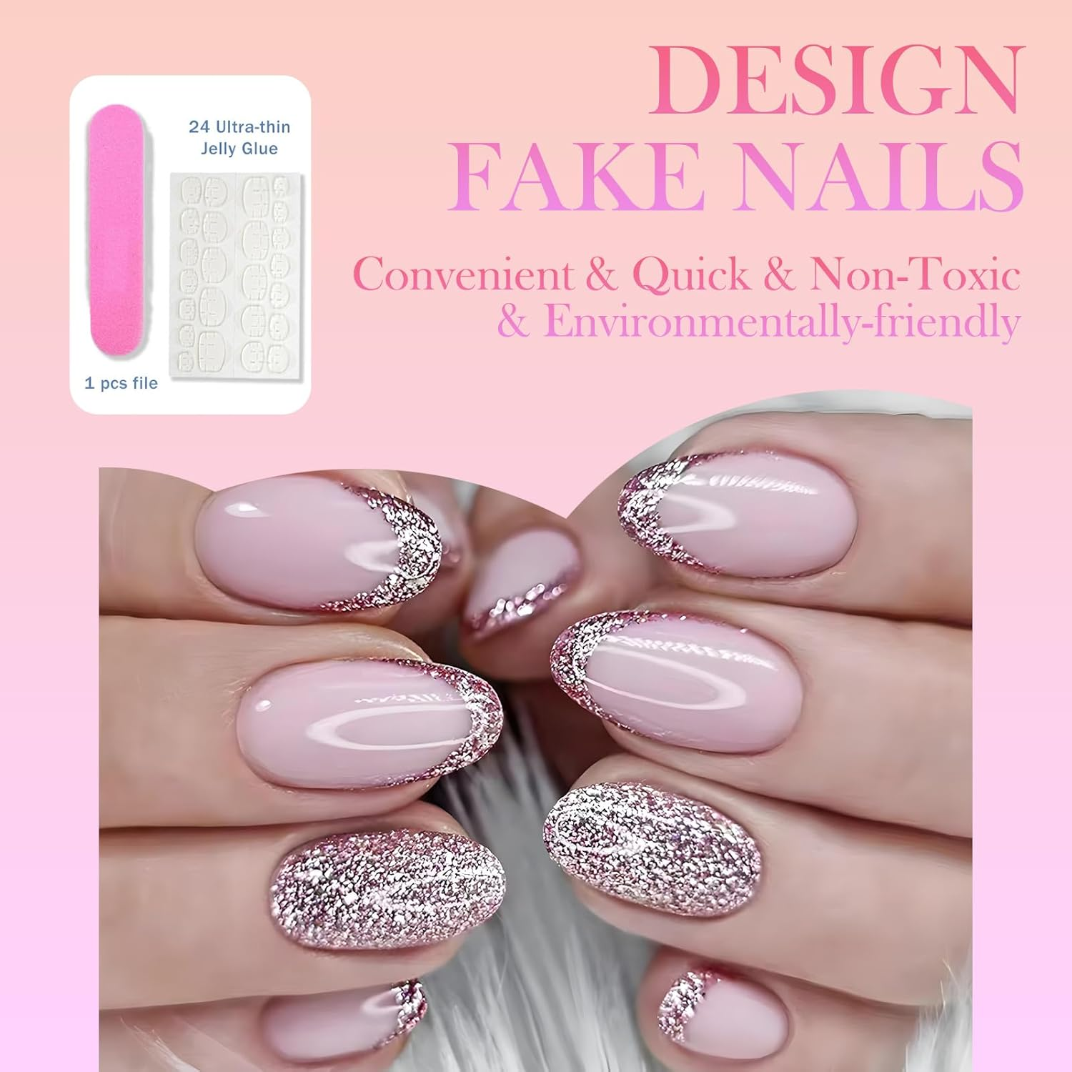 24 Pcs Short Glitter-Pink Press-On Nails, Glossy French Tip False Nails &ndash; 12 Sizes Custom Fit, Durable Abs/Acrylic, Adhesive Tabs Included, DIY Manicure Set for Women & Girls - Frosted Glass image number 4