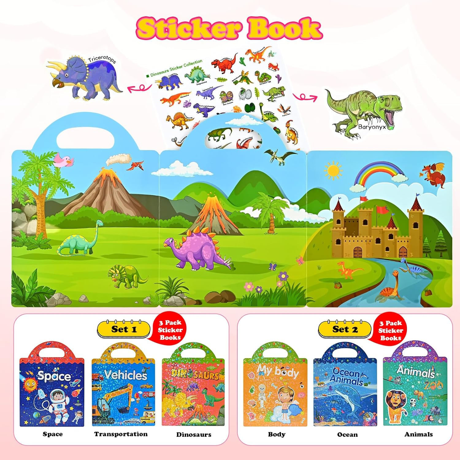 Eoocoo 3 Pack Reusable Sticker Books for Kids 3-5, Travel Airplane Activity Stickers for Boys Girls, Education Learning Toys for Toddler Party Birthday Gifts-Space, Dinosaurs and Vehicles image number 5
