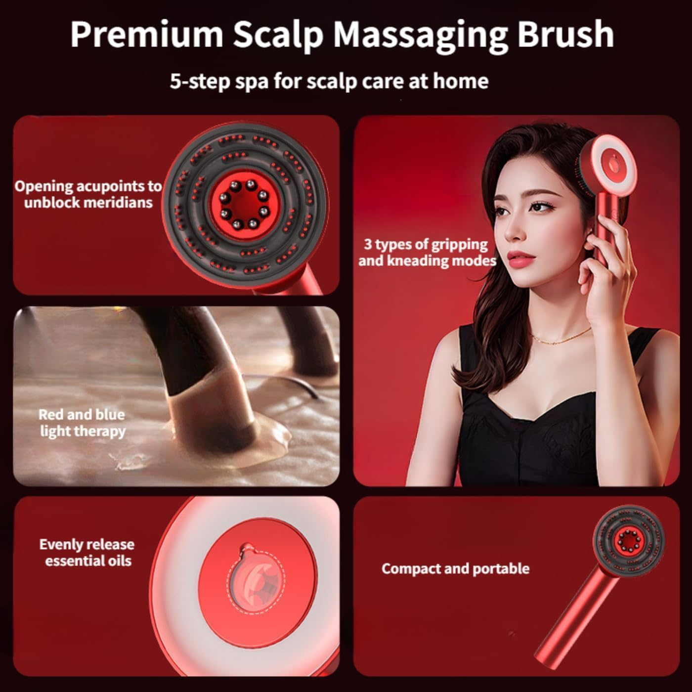 Scalp Rosemary Oil Massaging Brush - Red Light Therapy Brush for Scalp & Hair IPX7 Waterproof, Portable Hair Oil Applicator Brush, Hair Treatment Tool for Growth Serums (Red) image number 5