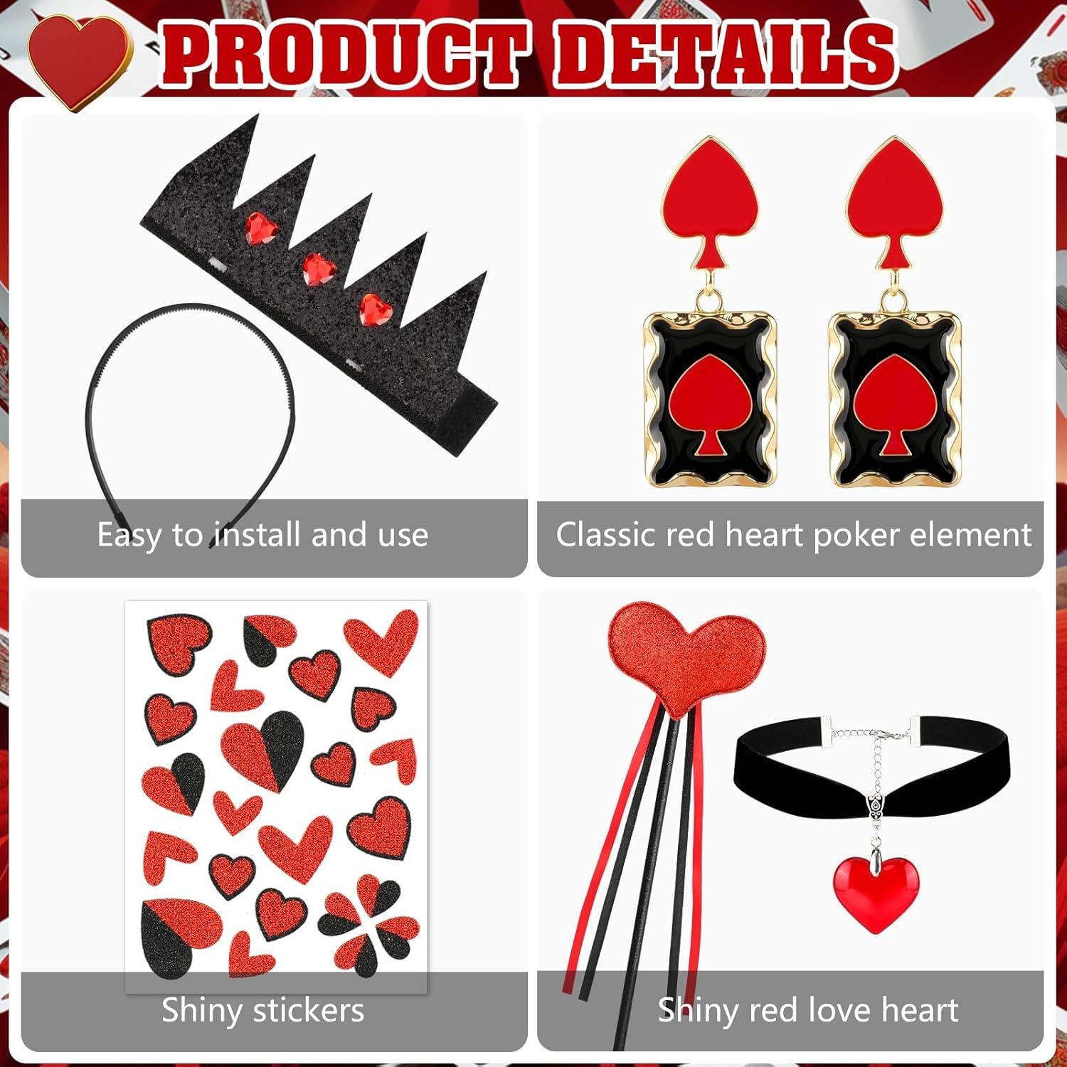 Queen of Hearts Accessories Set, Crown Headband Earings Necklace Wand Face Stickers, Queen of Hearts Costume Accessories Women for Halloween Carnival World Book Day Cosplay Party - Black image number 4