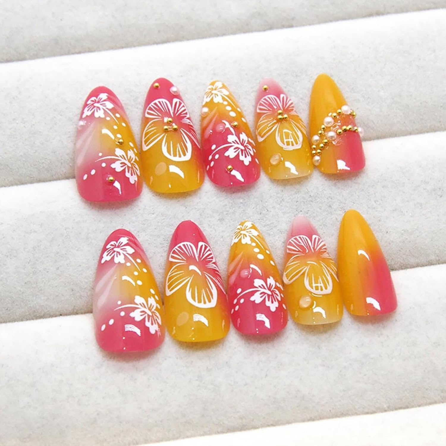 GHQHSQ 24Pcs Flower Press on Nails Medium Almond Fake Nails 3D Floral with Gold Pearl Rhinestones Glitter Glossy Design Orange Full Cover Stick on Nails Spring Summer False Nails for Women Acrylic Nails image number 6