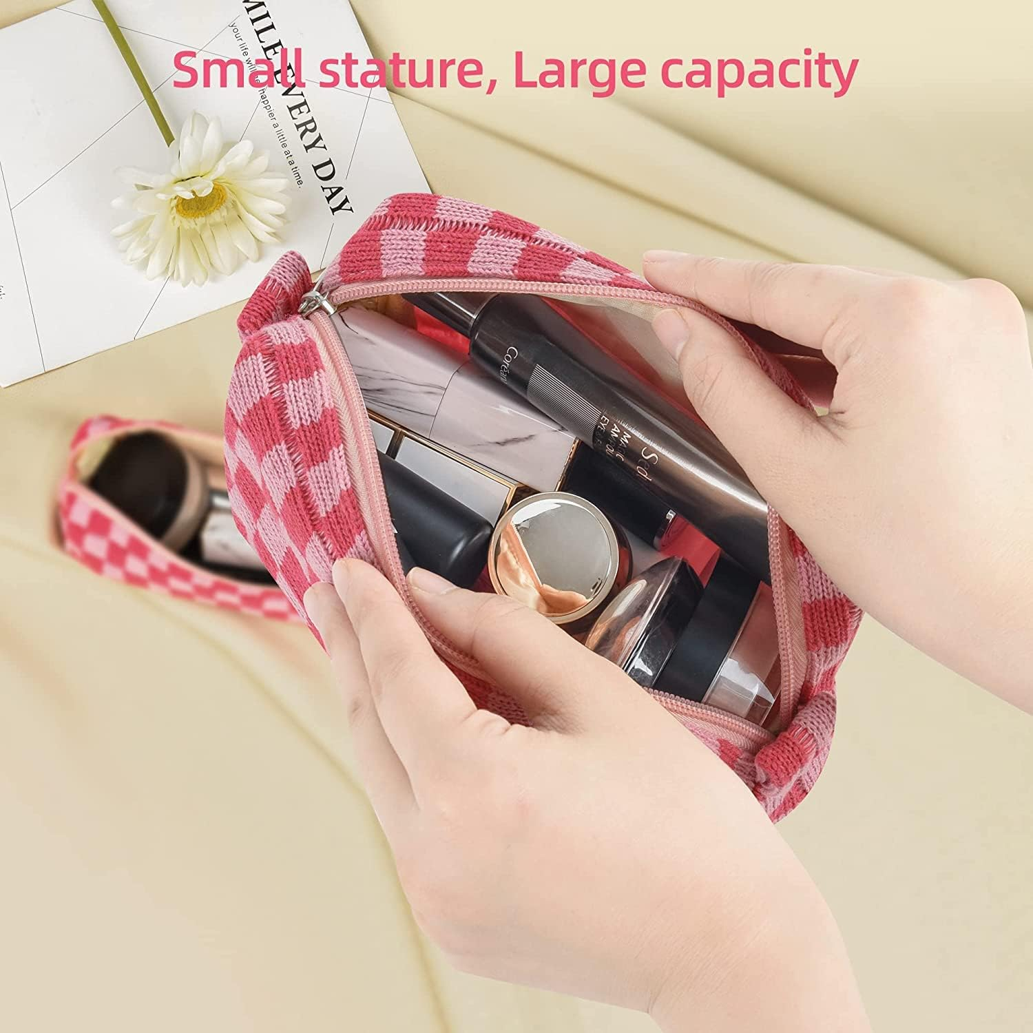 2Pcs Checkered Makeup Bag Knitted Cosmetic Bag,Large Capacity Makeup Bag and 1Pc Pencil Case Makeup Brush Storage Bag Knitted Toiletry Bag,Knitted Pencil Pen Case Storage Bag Large Knitted Purse,Pink image number 2