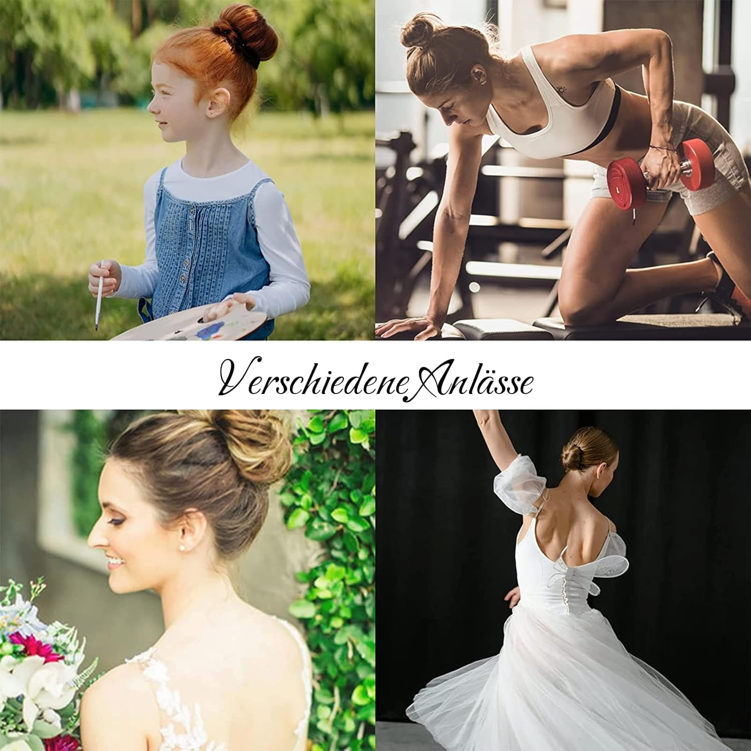 Pack of 6 Bun Cushions, Doughnut Hair Bun Maker Set with 10 Elastic Hair Bands and 10 U-Shaped Hair Pins, VEGCOO Bun Pillow Small and Large Nylon Hair Donut Brown Bun Aid for Children Women Girls (White) - White image number 4