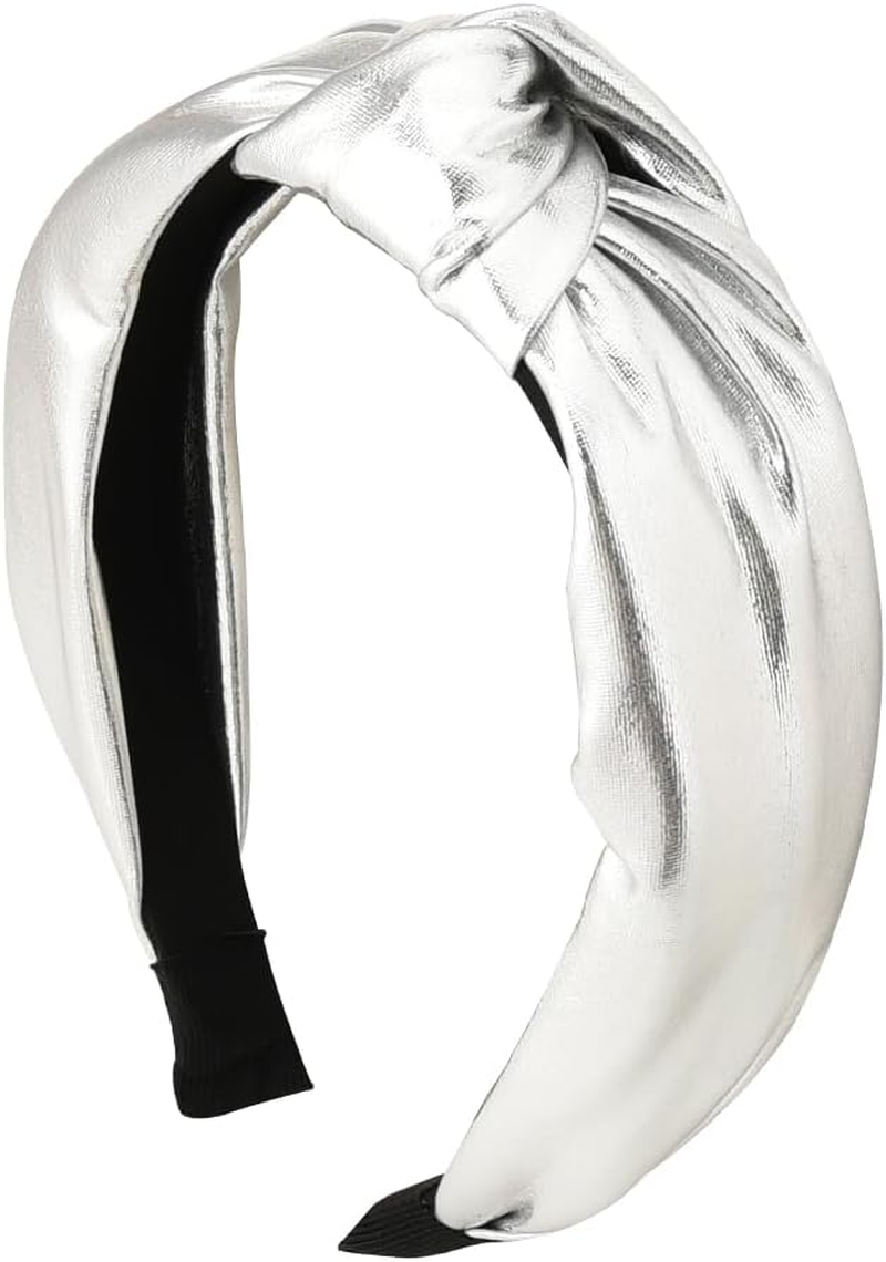 Leather Knotted Headband Silver Bowknot Headbands for Women Girls Cross Knot Hairband Wide Turban Headband for Women image number 2