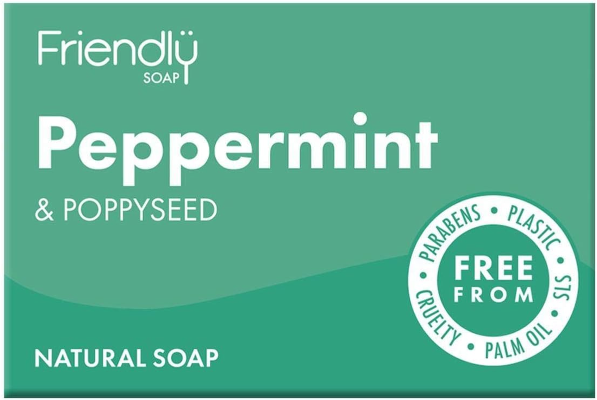 Friendly Soap - Exfoliating Peppermint & Poppyseeds (95G), Plant-Based, Cruelty-Free, Made by Hand, No Preservatives or Sulphates, Sustainable
