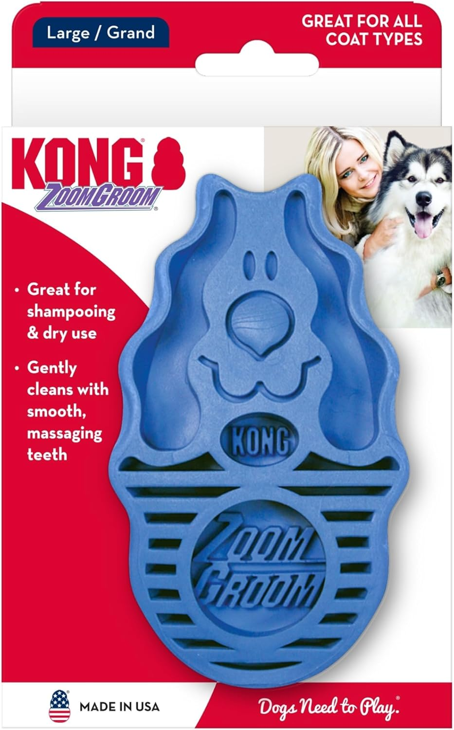 KONG - Zoomgroom - Dog Brush for Grooming and Shampooing - for Large Dogs (Blue)