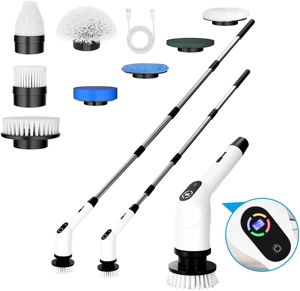 Electric Spin Scrubber Cordless - Lightweight Bathroom Cleaning Brush Scrubber with 6 Replaceable Brush Heads, Power Scrubber with 3 Speeds Tub and LED Display, 4000Mah (Classic White)