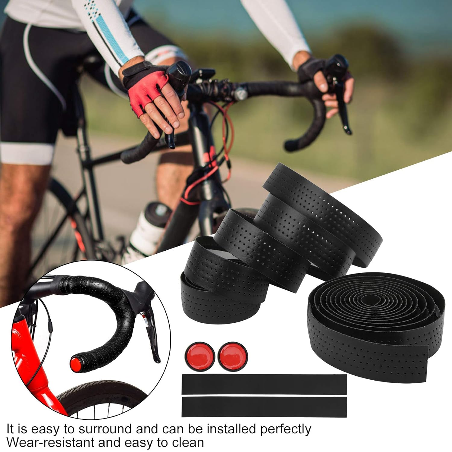 Bike Handlebar Tapes, 2Pcs PU Leather EVA Bicycle Bar Tape with Adhesive Backs, Durable Antislip Soft Cycling Handle Wraps, Enhance Your Bike Grip for Road Bikes and Racing(1#)