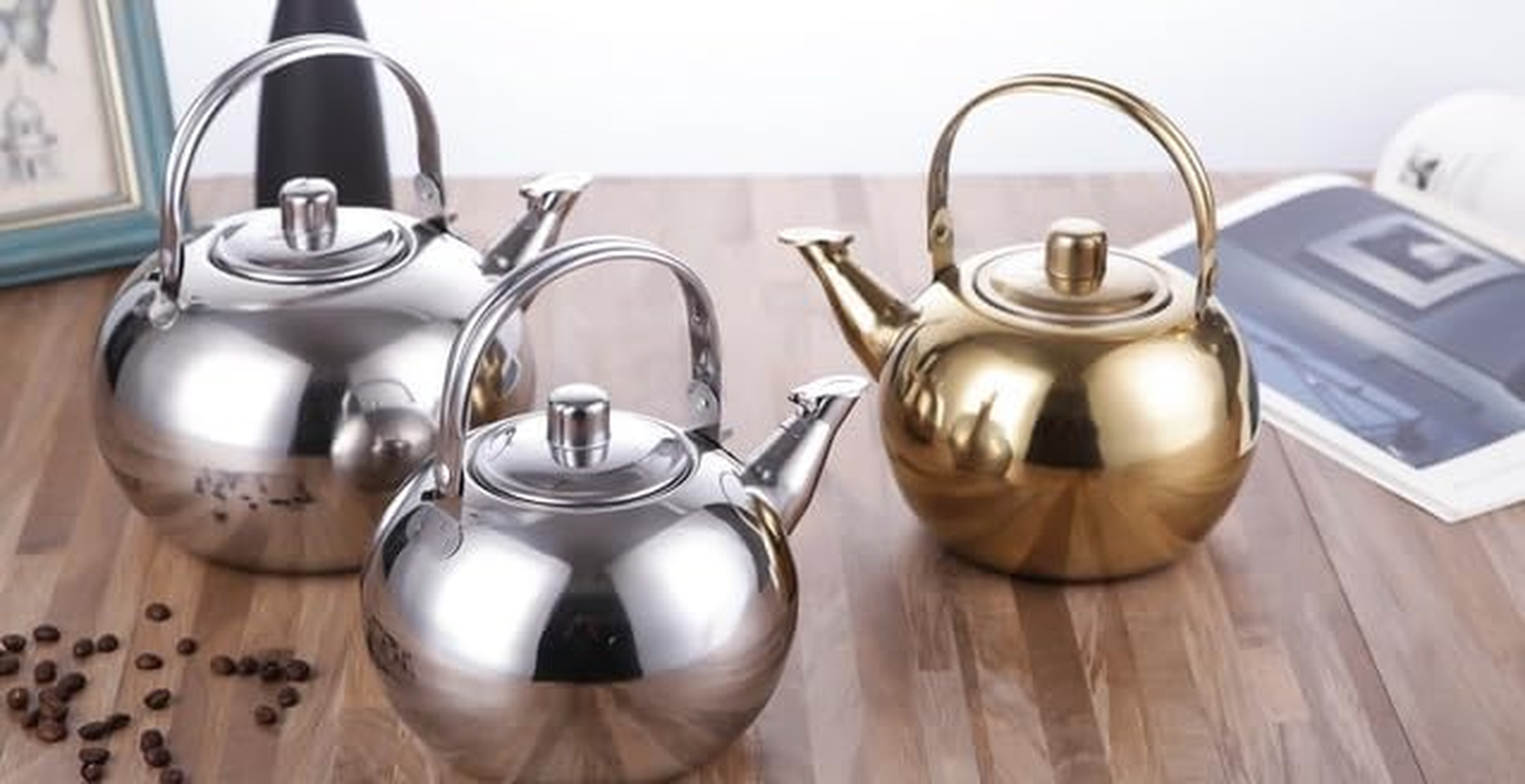 Stainless Steel Pot Pitcher Boiled Teapot Whistling Kettle Home Espresso Boiling Water Kettle Mesh Strainer Coffee Mug Thicken Teakettle Travel Desktop Filter Jug (Gold, 2 Litres) image number 2