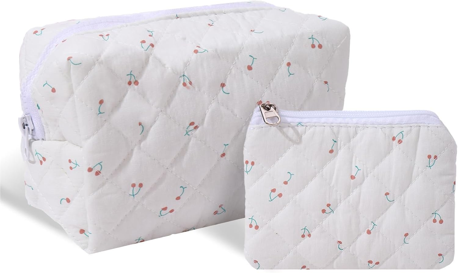 LYDZTION 2PCS Cute Quilted Makeup Bag for Women, Floral Makeup Bag Cosmetic Bag Pouch Coquette Bow Small Makeup Bags Aesthetic Stuff Travel Essentials for Women, Blue