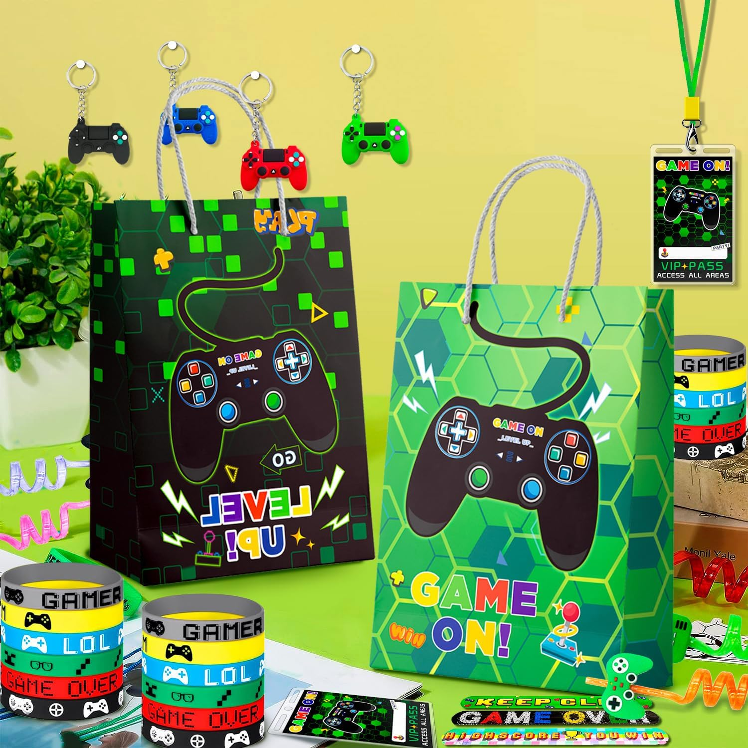 Video Game Party Favors for Kids, 110Pcs Gamer Party Favors Set Including Video Game Wristband Slap Bracelets Keychain Vip Pass Ticket & Gamer Goodie Bags Etc Gaming Party Favors for Boys image number 3