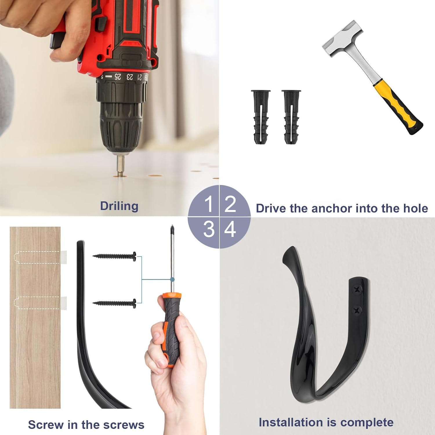 HOJLKLD 2 Pack Curtain Holdbacks, Aluminum Alloy Wall Mounted Decorative Drapery Tiebacks with Screws and Anchors, Heavy Duty U-Shape Wave Window Curtain Hooks for Home Decor (2, Black)