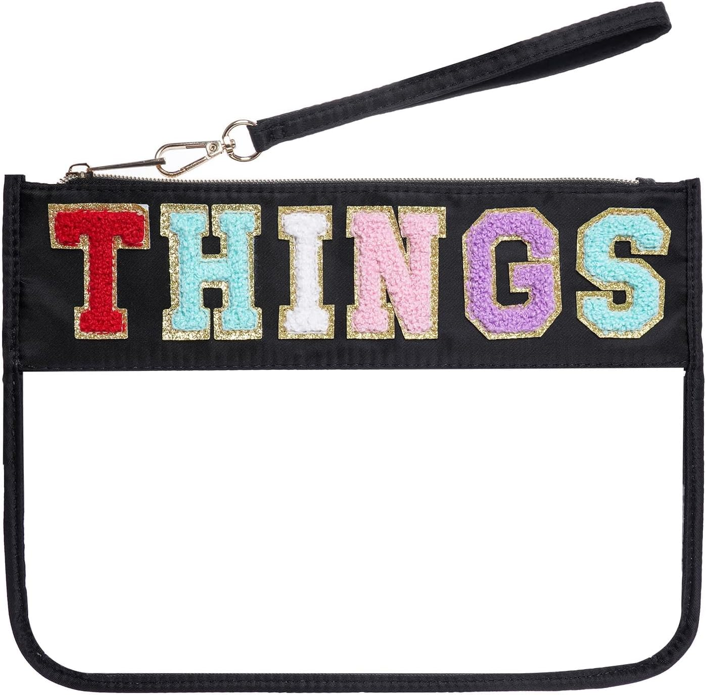 Chenille Letter Bag, Clear Flat Pouches with Zipper, Clear Makeup Letter Bag, Black-Dance, 11.8X8.7 Inch