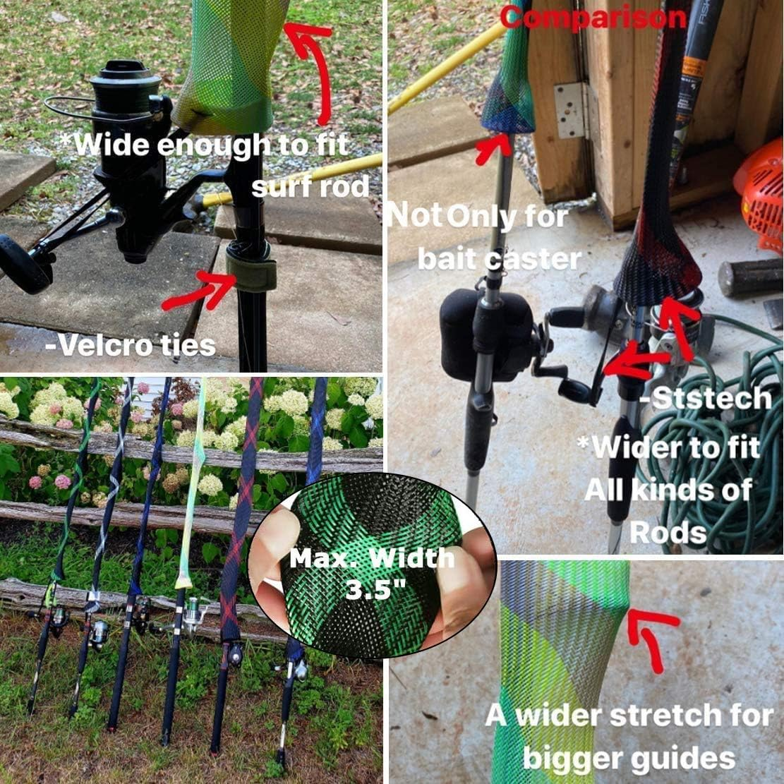 Rod Cover Sleeve,6 Pack Fishing Rod Socks for Fly Spinning Casting Sea Rod, Braided Mesh Fishing Pole Gloves Protector Gear W/ 6 Pack Rod Ties Straps,Fishing Accessories Tools,1 Dozen Kit by STSTECH image number 6