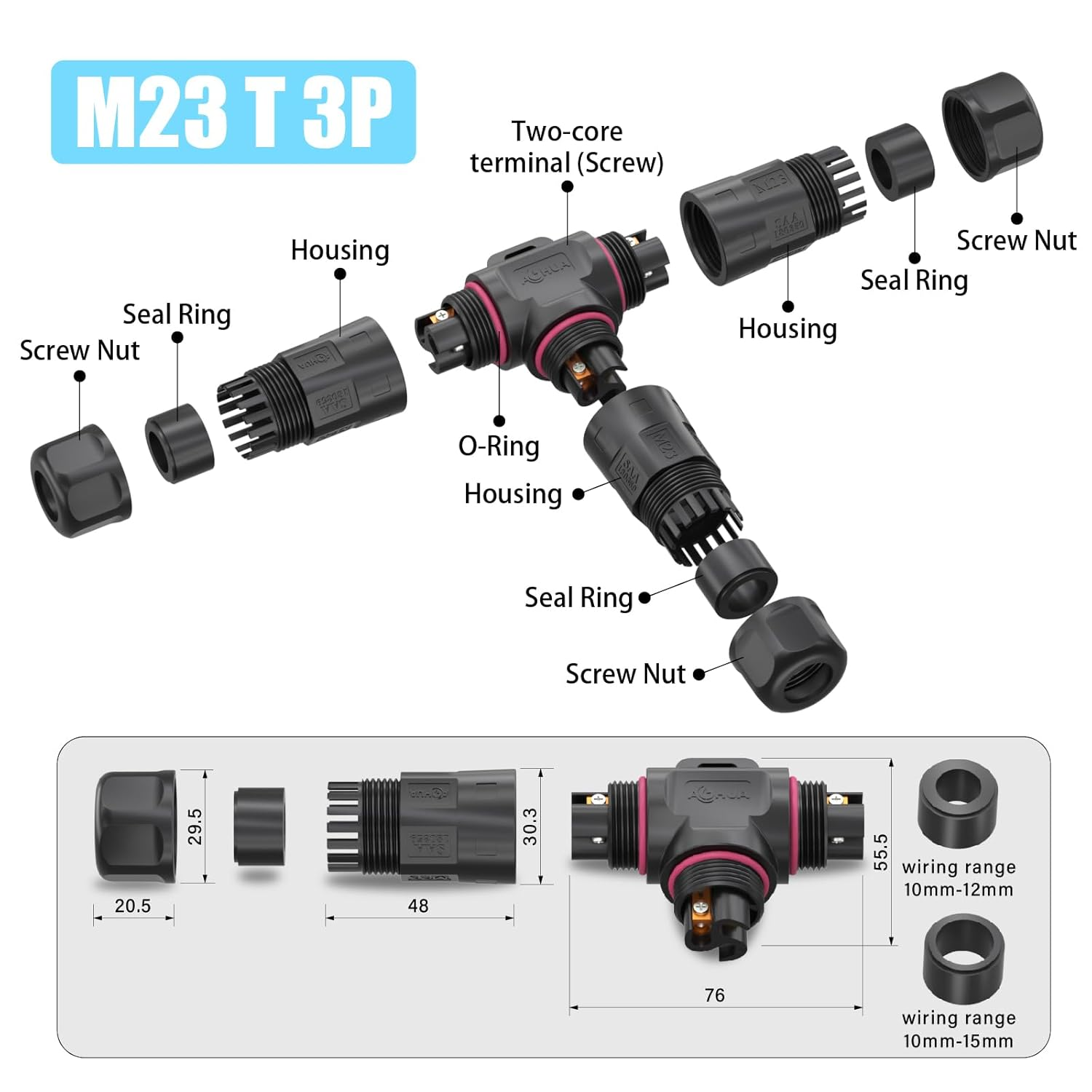AOHUA 3 Way Junction Box, M23 3-Pin Connector, 500V/35A, IP68 T Shape Waterproof Electrical Wire Connector for &Oslash;10-15Mm Cable, Ul/Saa/Ce/Rohs Certified (1-Pack)(Ah-M23-3503T01122) image number 4