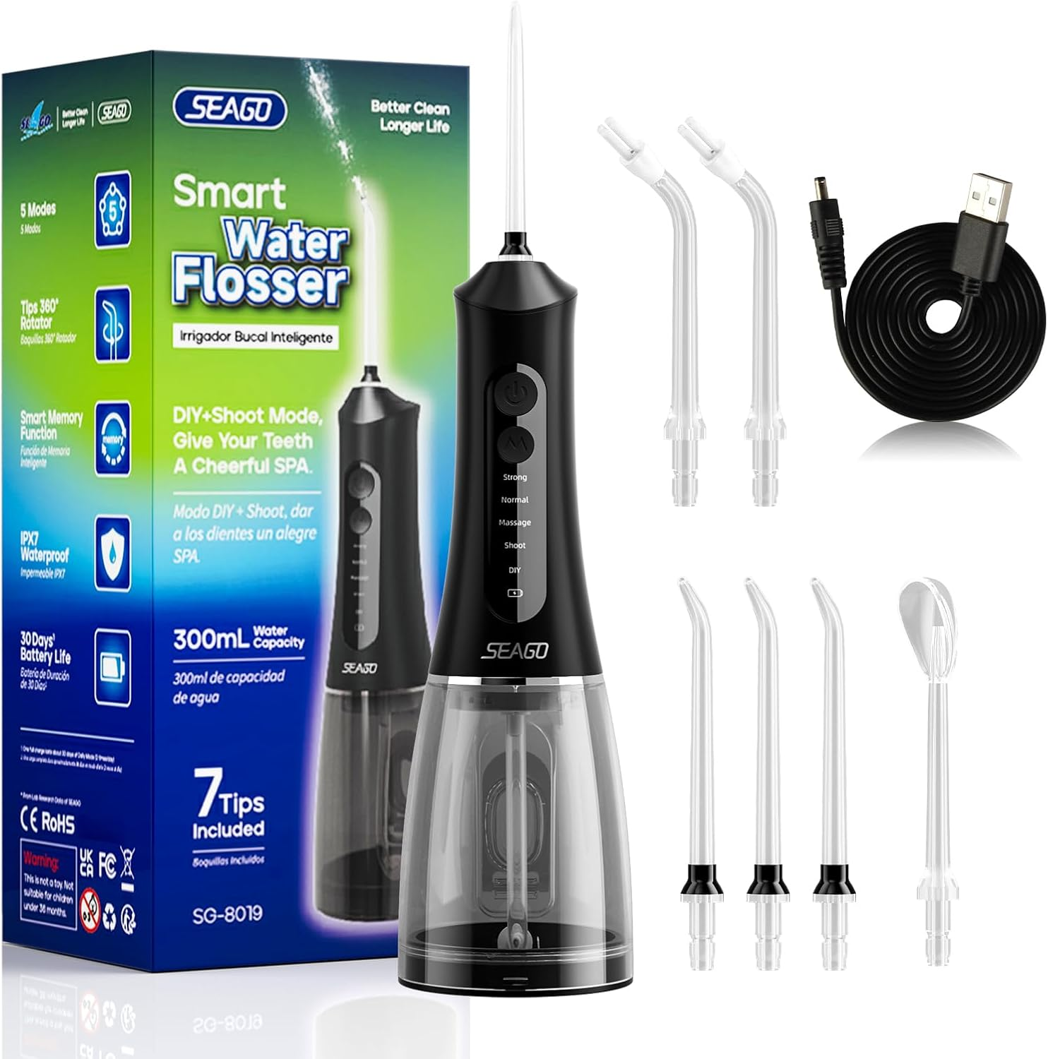 SEAGO Water Dental Flosser Cordless for Teeth, 5 Modes and 7 Nozzles, Dental Water Flosser 300ML, DIY Mode Memory Function, IPX7 Waterproof Dental Flosser, SG8019 (Black)