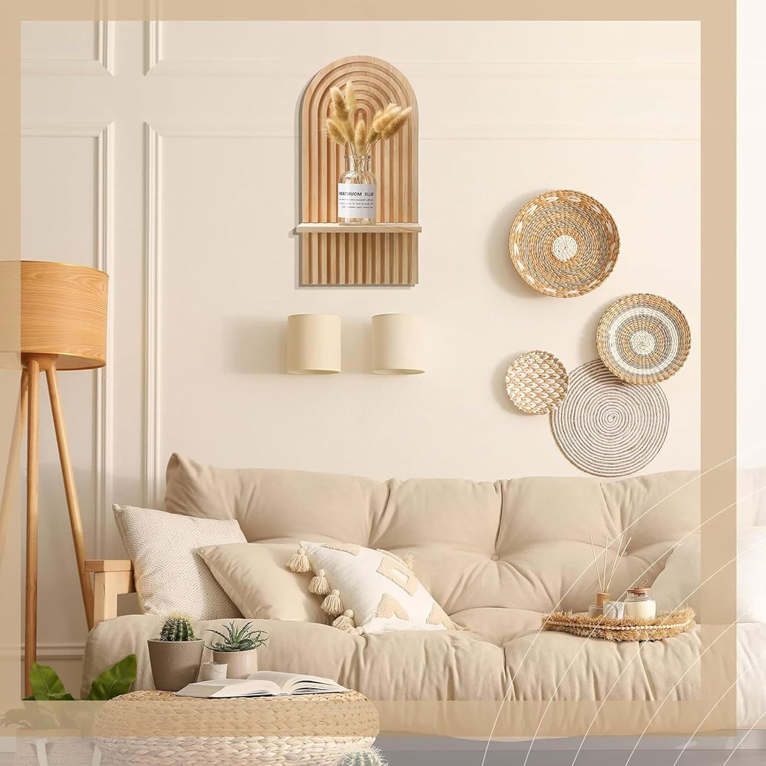 2Pcs Wall Mounted Shelves,Hanging Candle Sconce,Boho Style Display Shelf,Pine Wall Shelf,Wall Shelves Candle Holders,For Living Room Bathroom Bedroom Classroom Office Nursery,Wall Decor image number 5