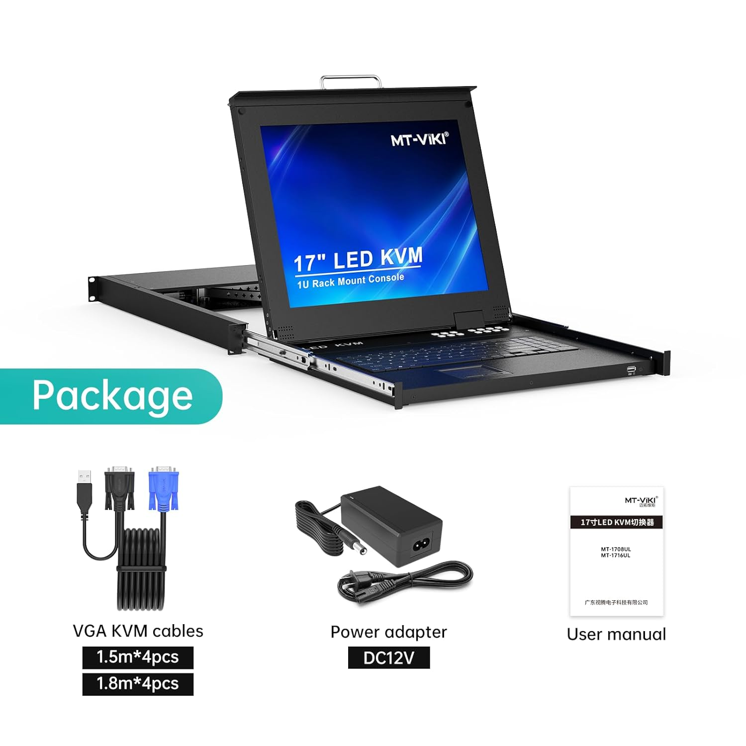 17" LCD KVM Switch 8 Port VGA, MT-VIKI 8X1 USB VGA KVM Console Drawer Rackmount for 1U 19" Rack + 8-Pack KVM Cables image number 1